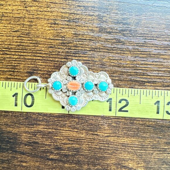 VTG James Shay Navajo Turquoise Coral Concho Design Cross Sterling Silver 925 2" - Picture 9 of 11